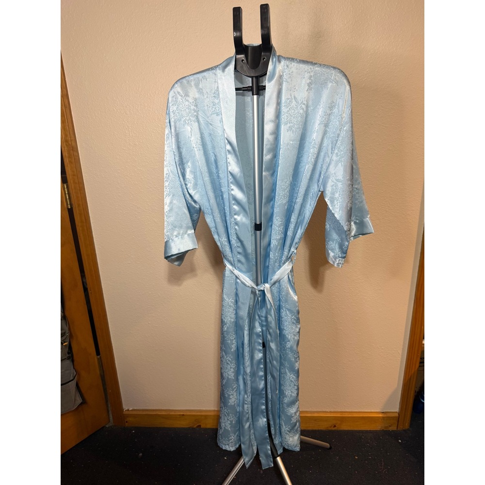 Erika Taylor Vintage Blue Floral Damask Satin Robe Kimono Long Small RN13711